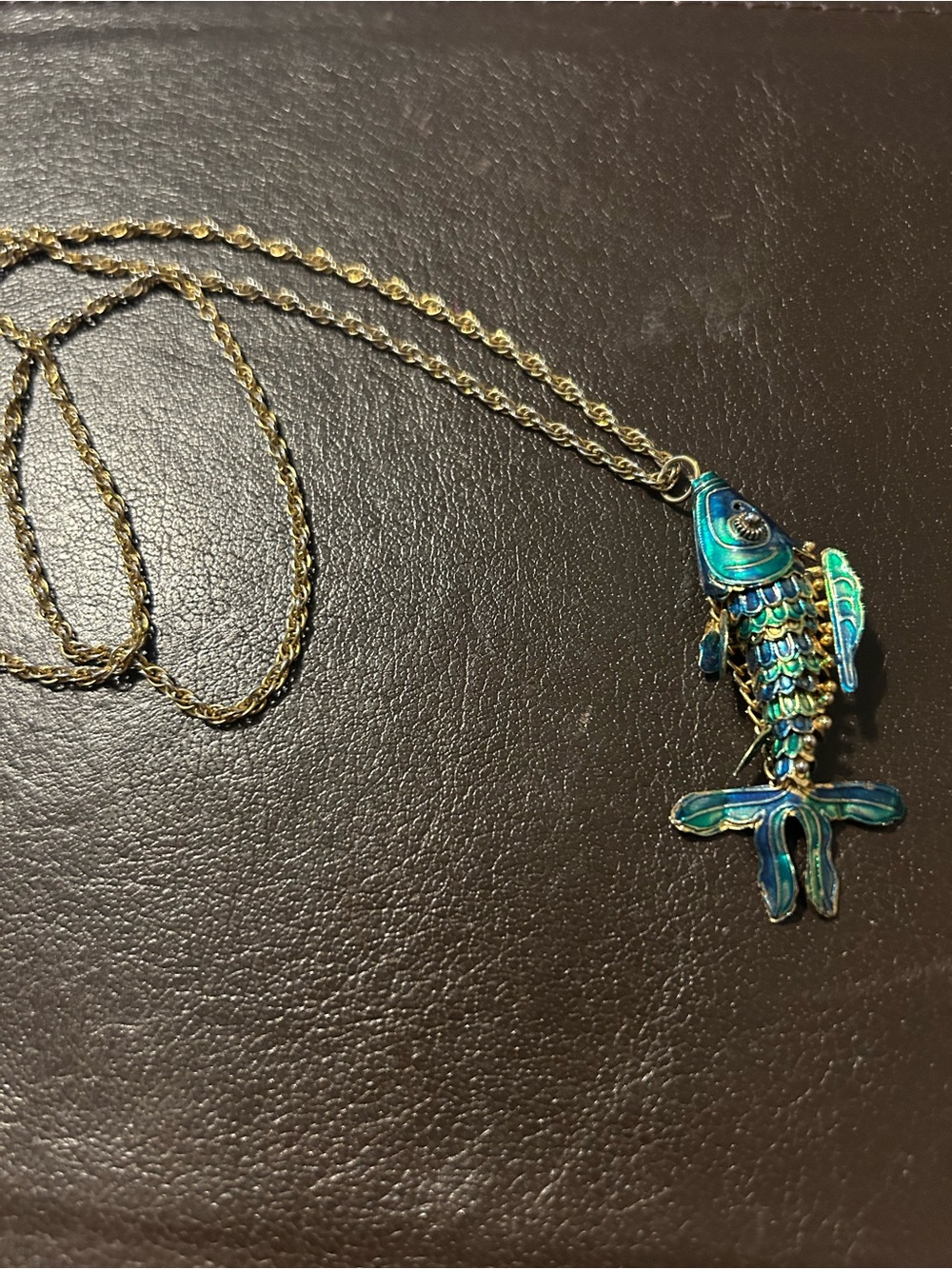 Blue-Green Enamel Articulated Fish Pendant Necklace